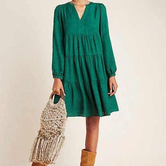 Maeve by Anthropologie Women's Green Long Sleeve Tiered Tunic Dress Size Small - Picture 2 of 12